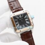 Replica Cartier Santos Automatic Watch Black Dial Brown Leather Strap Rose Gold Bezel